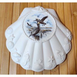 Beautiful Hearts & Flowers Inc Porcelain Large Sea Shell Pelicans At Bay Decor